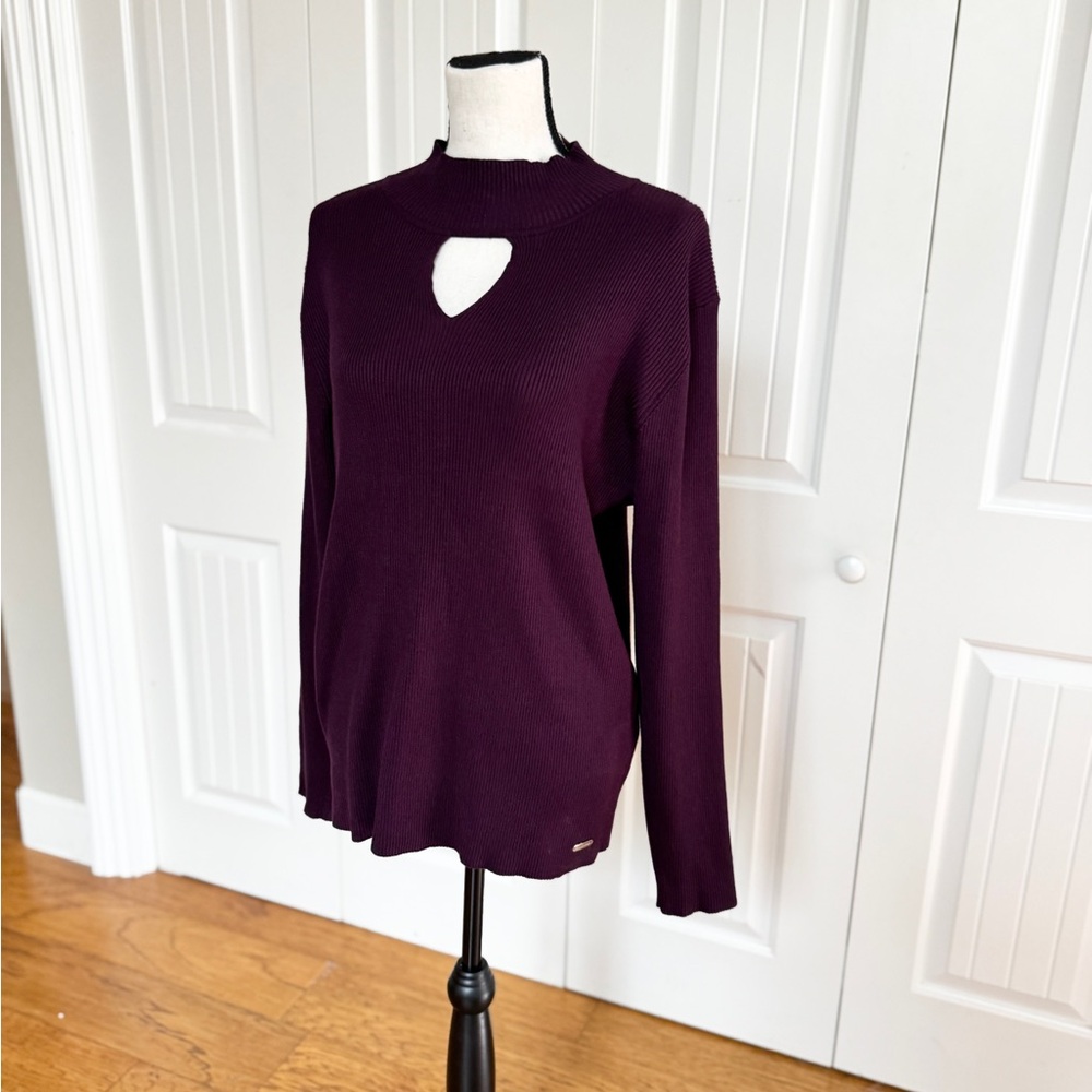 🌟NWT Calvin Klein Dark Purple Ribbed Mock Neck Keyhole Sweater XL - Picture 7 of 15